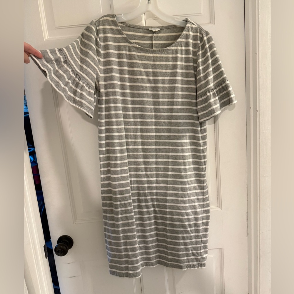 J. Crew Gray and White Striped Midi Dress